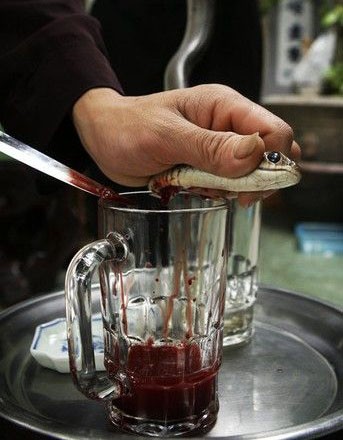 Máu rắn được hứng vào một chiếc cốc để pha với rượu sau đó.